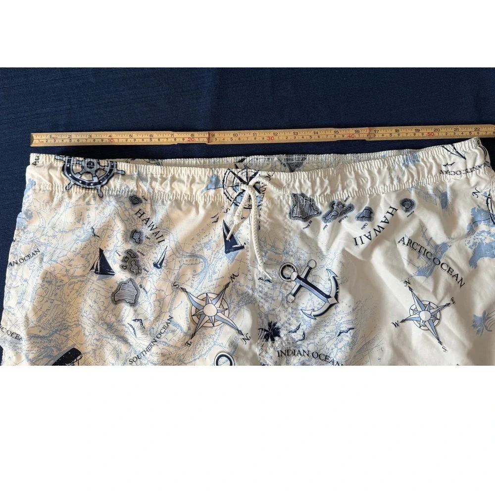 Swim Trunks XL White Blue Nautical Map Anchor Print Shorts Trader Bay Coastal